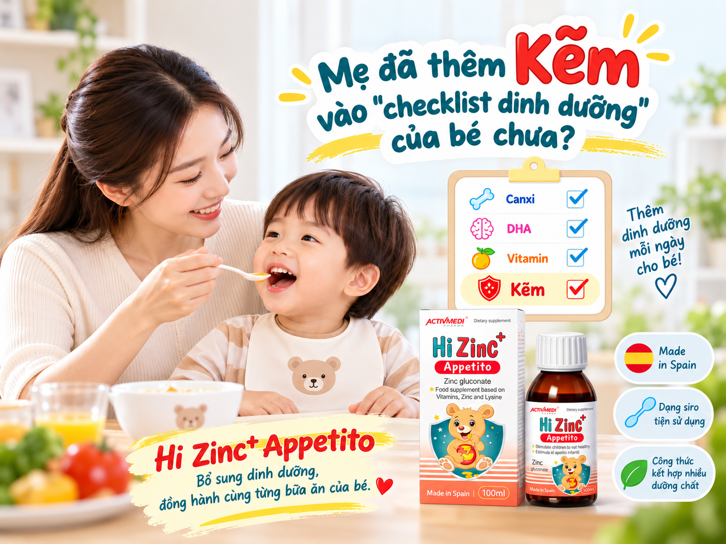 Bổ sung kẽm cho bé với Hi Zinc+ Appetito – Zinc gluconate kết hợp Lysine và vitamin.